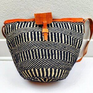 Handwoven Black & Cream Straw Bucket Bag With Leather Trim & Adjustable Strap